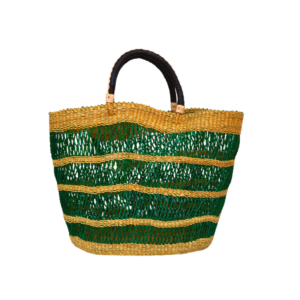 Green and Cream Bolga Net Shopper Baskets with Leather Handles